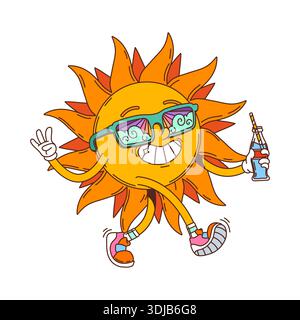 Personaggio soleggiato hippie dei cartoni animati che indossa occhiali da sole luminosi e cammina con un sorriso allegro. Vettoriale personaggio retrò soleggiato e pieno di energia che regge una bottiglia di bevanda, crea un'atmosfera estiva vintage y2k felice Illustrazione Vettoriale