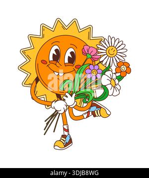 Personaggio soleggiato hippie dei cartoni animati con mazzo di fiori e sorriso felice sul viso, personaggio vettoriale. Divertente personaggio soleggiato con margherite camomilla e mazzo di fiori di papavero e sorriso o blush funky Illustrazione Vettoriale
