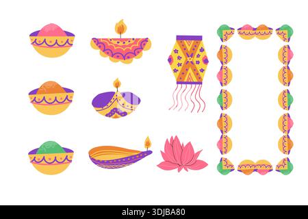 Set di elementi del festival indiano. Illustrazione piatta del cartone animato vettoriale isolata. Holi dipinge in vasi, lanterne diwali, lampade, luci. Elementi di design colorati. Illustrazione Vettoriale