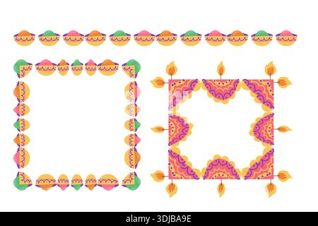 Indian festival Borders, cornice. Illustrazione piatta del cartone animato vettoriale isolata. Holi dipinge in vasi, lanterne diwali, lampade, luci. Design colorato bor Illustrazione Vettoriale