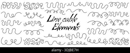Confezione con cavi a scoppio di linee diverse. Elementi lunghi ondulati neri. Illustrazione Vettoriale