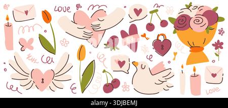 Collezione di adesivi per san valentino con cuori e fiori simpatici e funky, candele e simboli d'amore nei colori rosa. Gli elementi di Doodle di rose bouquet, mani avvolgenti, lucchetto, cuore alato e fragola. Illustrazione Vettoriale