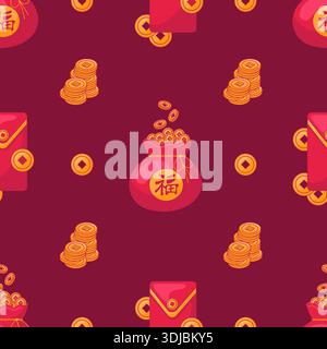 Rosso e giallo tradizionale cinese. Sacchetto a forma piatta di monete e buste . Capodanno cinese lunare Illustrazione Vettoriale