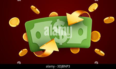 Concetto di cambio e transazione finanziaria che comprende una banconota da un dollaro, monete d'oro e frecce. Illustrazione vettoriale Illustrazione Vettoriale