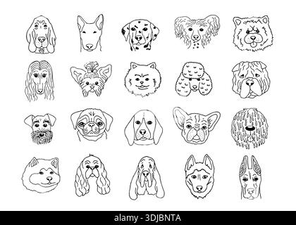 Collezione di razze per cani Doodle. Collezione di simpatici volti di cane. Illustrazione Vettoriale