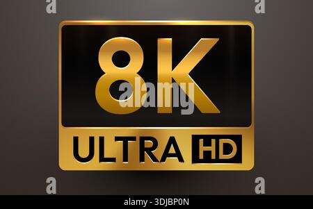 Icona della tecnologia Golden Ultra HD 8K, che rappresenta alta risoluzione e qualità superiore. Illustrazione vettoriale Illustrazione Vettoriale