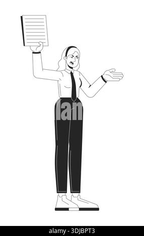 Una donna bionda frustrata che tiene in mano il documento con un carattere di linea 2D arrabbiato Illustrazione Vettoriale