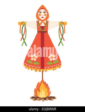 Spaventapasseri di paglia. Una decorazione tradizionale al festival Maslenitsa. Un vecchio simbolo slavo dell'inverno, che viene bruciato durante la festa popolare. Illustrazione vettoriale. Illustrazione Vettoriale