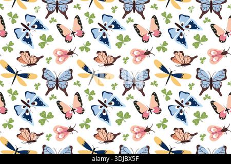 Motivo senza cuciture con farfalle estive, realizzate in tonalità vivaci e colorate. Illustrazione primaverile di insetti, libellule e falene in stile piatto. Illustrazione Vettoriale