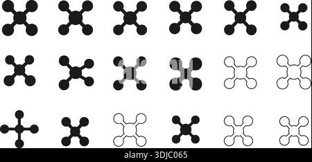 Set di tre icone circolari antibatteriche in bianco e nero con simboli di virus e batteri, isolate su sfondo bianco. Illustrazione Vettoriale