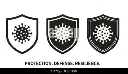 Set di tre icone circolari antibatteriche in bianco e nero con simboli di virus e batteri, isolate su sfondo bianco. Illustrazione Vettoriale