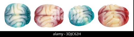 caramelle colorate con gelatina di frutta a forma di cervello su sfondo bianco. Foto Stock