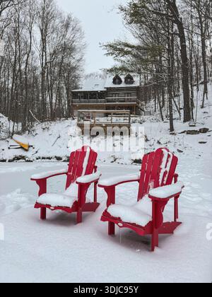 Sedie coperte di neve sul molo della cabina di legno nei boschi il giorno invernale. Foto Stock
