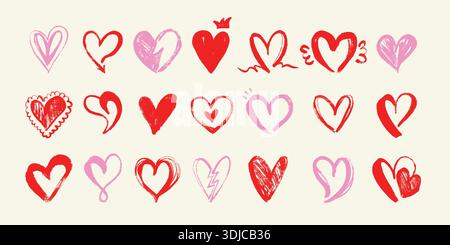 Nubes Grunge disegnati a mano, icone rosse e rosa a forma di cuore. Scrivi i simboli d'amore con inchiostro. Segnatempo romantico perfetto per le carte di San Valentino Illustrazione Vettoriale