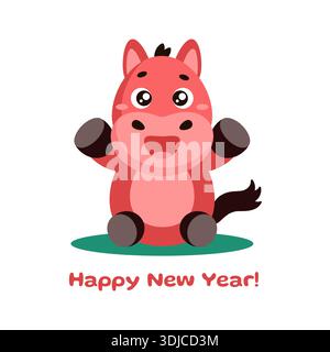 Cavallo rosso fuoco simbolo del nuovo anno 2026 secondo il calendario cinese asiatico. Biglietto d'auguri, striscione. Illustrazione vettoriale, design piatto, mascotte Red Horse Illustrazione Vettoriale
