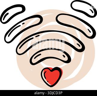 Icona del segnale Wi-Fi con cuore rosso, amore per le lunghe distanze e concetto di connessione virtuale, stile doodle disegnato a mano. Illustrazione Vettoriale