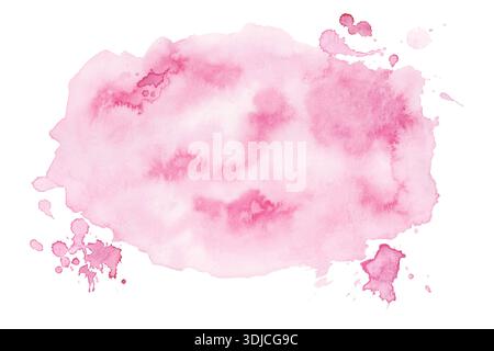 Acquerello rosa spruzzare con gocce e macchie. Blot di acquerello rosa dipinto con spruzzi di vernice, isolato su sfondo bianco. Arte per il matrimonio Foto Stock
