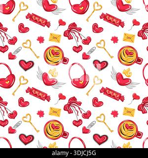 San Valentino motivo vettoriale senza cuciture con cuori rossi, chiavi, caramelle, tazze da caffè, ciliegia, buste, cuori e ali Illustrazione Vettoriale