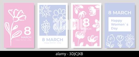 Set di poster pastello con biglietti d'auguri per la giornata internazionale della donna dell'8 marzo con fiori disegnati a mano e tipografia. Illustrazione Vettoriale