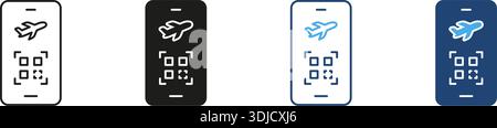 Smartphone con set di icone aereo e codice QR. Pass d'imbarco per dispositivi mobili e biglietteria digitale e silhouette Symbol Collection. Tecnologia di viaggio Illustrazione Vettoriale