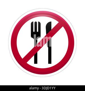 Nessun simbolo di cibo. Divieto del cerchio rosso. Icona pasto proibito. Illustrazione dell'utensile vettoriale. Illustrazione Vettoriale