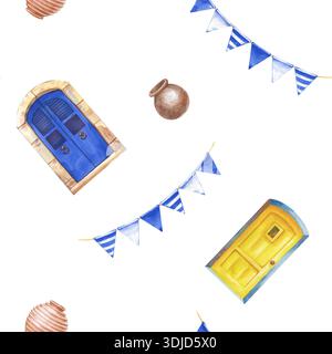 Motivo senza cuciture con sportelli blu e gialli, bandiere triangolari blu e bianche, vasi in ceramica marrone su sfondo isolato. Illustrazione acquerello Foto Stock