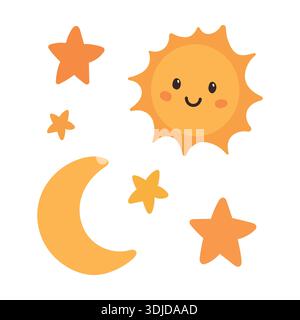 Sole, luna e stelle felici allestite per l'arte del vivaio dell'ora della buonanotte, mostrando i simboli giorno e notte per l'arredamento dei bambini e lo sfondo da sogno del cielo Illustrazione Vettoriale