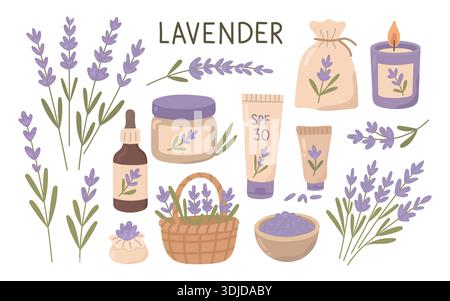 Set spa lavanda disegnata a mano con bottiglia di olio essenziale, vaso cosmetico, tubo per crema alle erbe, candela, bustina, cestello ed elementi floreali su bianco Illustrazione Vettoriale