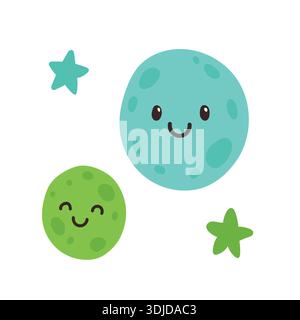 Simpatici pianeti e stelle illustrati per l'arredamento del vivaio, che mostrano personaggi celesti amichevoli per la stanza del bambino, l'apprendimento dell'astronomia e il design della buonanotte Illustrazione Vettoriale