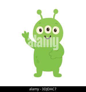 I personaggi alieni dei cartoni animati a tre occhi accolgono gli spettatori, adatti per il design dei fumetti, i loghi delle mascotte e le divertenti illustrazioni delle creature per bambini Illustrazione Vettoriale