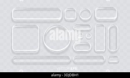 Set di pulsanti e cornici in vetro con effetto trasparente. Ideale per il design dell'interfaccia utente moderna e le applicazioni Web. Illustrazione vettoriale Illustrazione Vettoriale