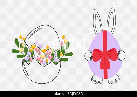 Conchiglia crepata con composizione floreale all'interno e coniglietto nascosto dietro l'uovo di Pasqua con fiocco a nastro. Cartoline a tema per i saluti di Pasqua elementi di design minimalisti piatti poster, banner, tag, adesivo, icona Illustrazione Vettoriale