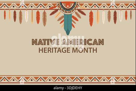 Native American Heritage Month Vector background with Tribal Feathers and Ethnic Pattern Illustrazione Vettoriale