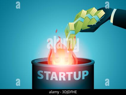 Bruciare soldi in Startup. Metafora dei rischi di avviamento, degli sprechi di budget, delle decisioni di investimento o della crescita insostenibile. Illustrazione Vettoriale