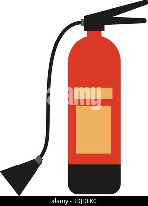Estintore a polvere. Corpo dell'estintore rosso-giallo con ugello nero. Attrezzatura per scudo antincendio. Semplice icona vettoriale. Illustrazione Vettoriale