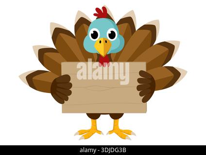 Carino personaggio di tacchino del cartone animato con un cartello di legno vuoto. Illustrazione vettoriale modificabile ideale per aggiungere testo o messaggi personalizzati. Illustrazione Vettoriale