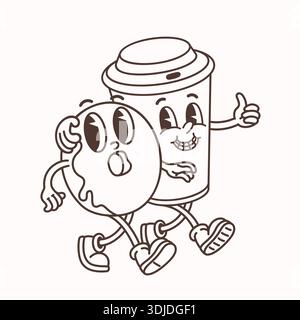 Caffè cartoni animati retrò e ciambella in stile vintage con volti sorridenti, posa da passeggio e contorno marrone pulito su sfondo chiaro Illustrazione Vettoriale