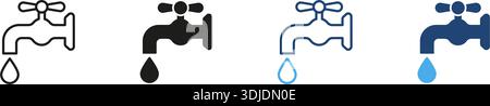 Rubinetto dell'acqua con linea di gocciolamento e set di icone continue. Conservazione dell'acqua, idraulica e gestione delle risorse e raccolta di simboli silhouette Illustrazione Vettoriale