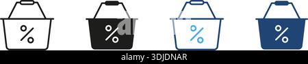 Carrello con linea simbolo percentuale e set di icone continue. Contorno sconto, vendita e promozione e silhouette Symbol Collection. Retail ed E. Illustrazione Vettoriale