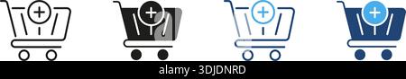 Carrello della spesa con linea segno più e set di icone continue. E-Commerce, acquisti online e Aggiungi al carrello caratteristiche e simbolo silhouette Illustrazione Vettoriale