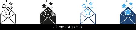 Inviluppo con linea a stelle e insieme di icone continue. Notifica via e-mail, messaggio speciale, contorno e silhouette Symbol Collection Illustrazione Vettoriale
