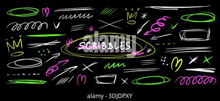 La penna al neon disegnata a mano sottolinea in modo astratto, evidenzia i doodle. Scarabocchi, ingenui graffi espressivi. Linee di enfasi del testo, cerchi, spontaneità caotica Illustrazione Vettoriale