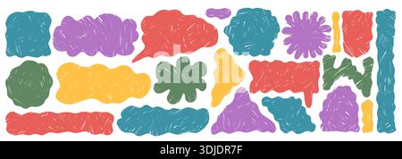 Collezione Crayon Doodle con bordi irregolari, lobi rettangolari ondulati ed etichette smerlate. Elementi geometrici vettoriali divertenti con bordi irregolari Illustrazione Vettoriale