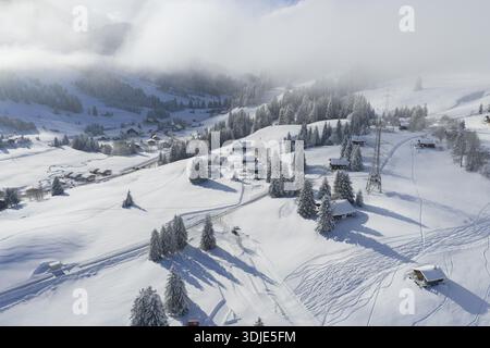 Vista aerea di chalet innevati accoccolati tra pini ghiacciati, baciati dalla luce soffusa del sole invernale a Les Mosses, Ormont-Dessous, Vaud, Switze Foto Stock