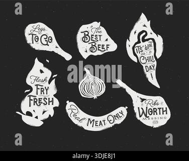 Collezione barbecue carne grigliata coscia di pollo fritta bistecca peperoncino e salsiccia con disegno lettering in stile vintage monocromatico su fondo nero Illustrazione Vettoriale