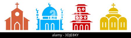 Ortodossia, cattolicesimo, Islam, buddismo. Templi di religioni diverse. Icone multicolore. Illustrazione piatta isolata su sfondo bianco. Foto Stock