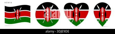 Bandiera del Kenya, badge adesivo circolare, icona a forma di cuore, spilla della mappa. Bottoni bandiera keniota di forme diverse. illustrazione isolata su bianco. Foto Stock