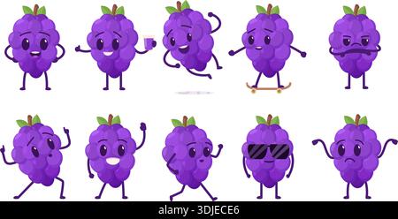 Simpatici personaggi d'uva. Uva carina pose diverse, felice arrabbiato triste. Succo di frutta, equitazione su skateboard. Mascotte per bambini sapid Vector se Illustrazione Vettoriale