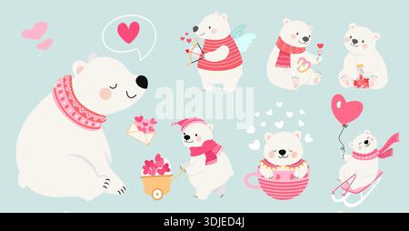 San Valentino orsi. Orso polare con cuori, innamorati, relazioni romantiche. Simpatici animali selvatici, mascotte per bambini dei cartoni animati, modelli di adesivi vettoriali Illustrazione Vettoriale