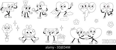 I personaggi retrò della linea valentine diurne. Raccolta di pagine da colorare. Cuori, palloncino, elementi floreali. Amicizia romantica, modello di adesivi d'amore, Illustrazione Vettoriale